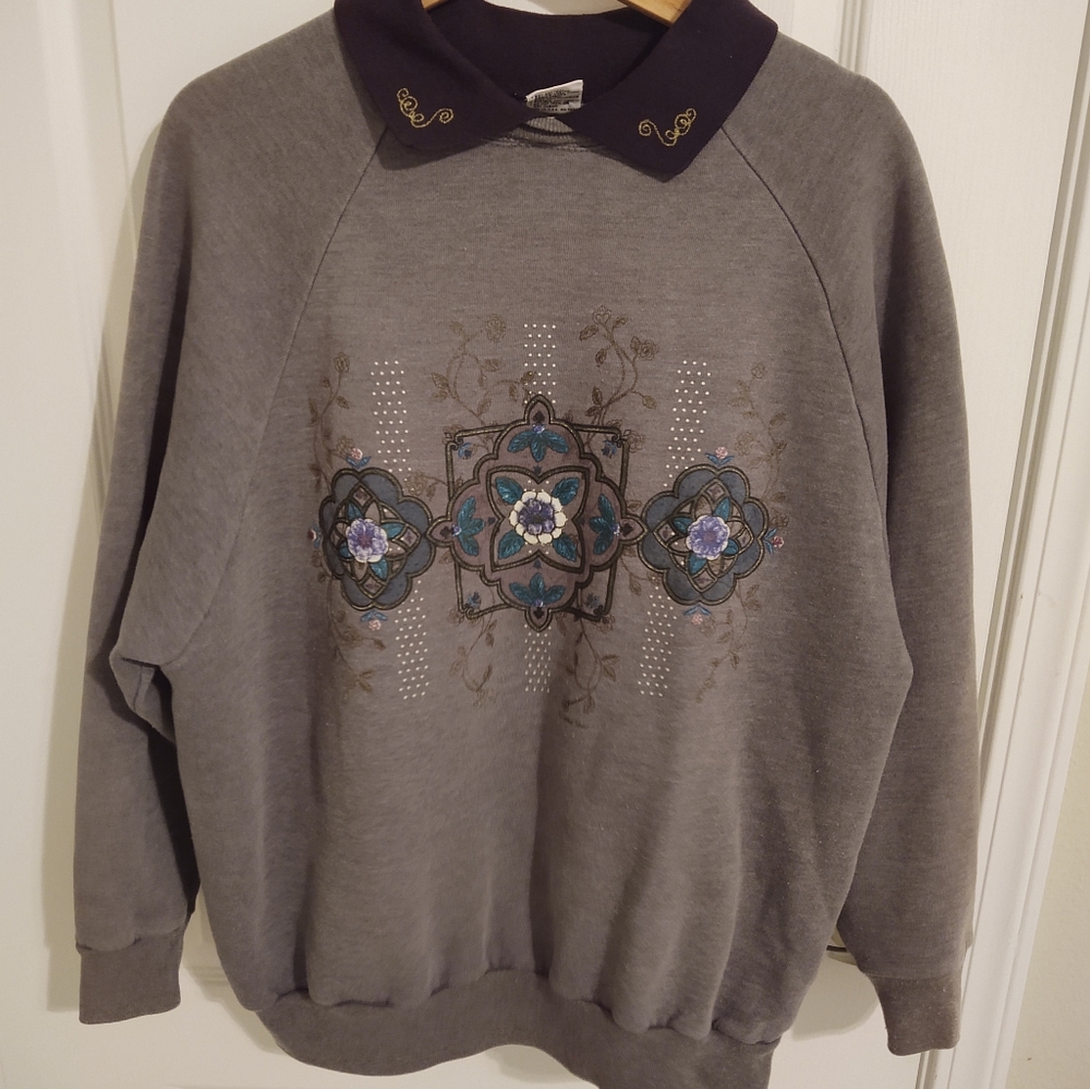 Vintage Gopher Sport Collared Floral Granny Sweatshirt Large Embroidered